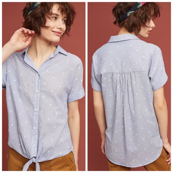 Anthropologie Tops - Anthropologie Cloth and Stone Clip Dot Button Down Short Sleeve Tie Front Top